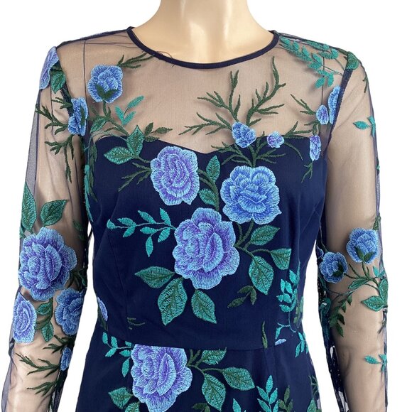 Tahari NWT Navy Blue Floral Embroidered Sheer Mesh Overlay Dress‎ Size 4 W/ Long - Picture 6 of 9
